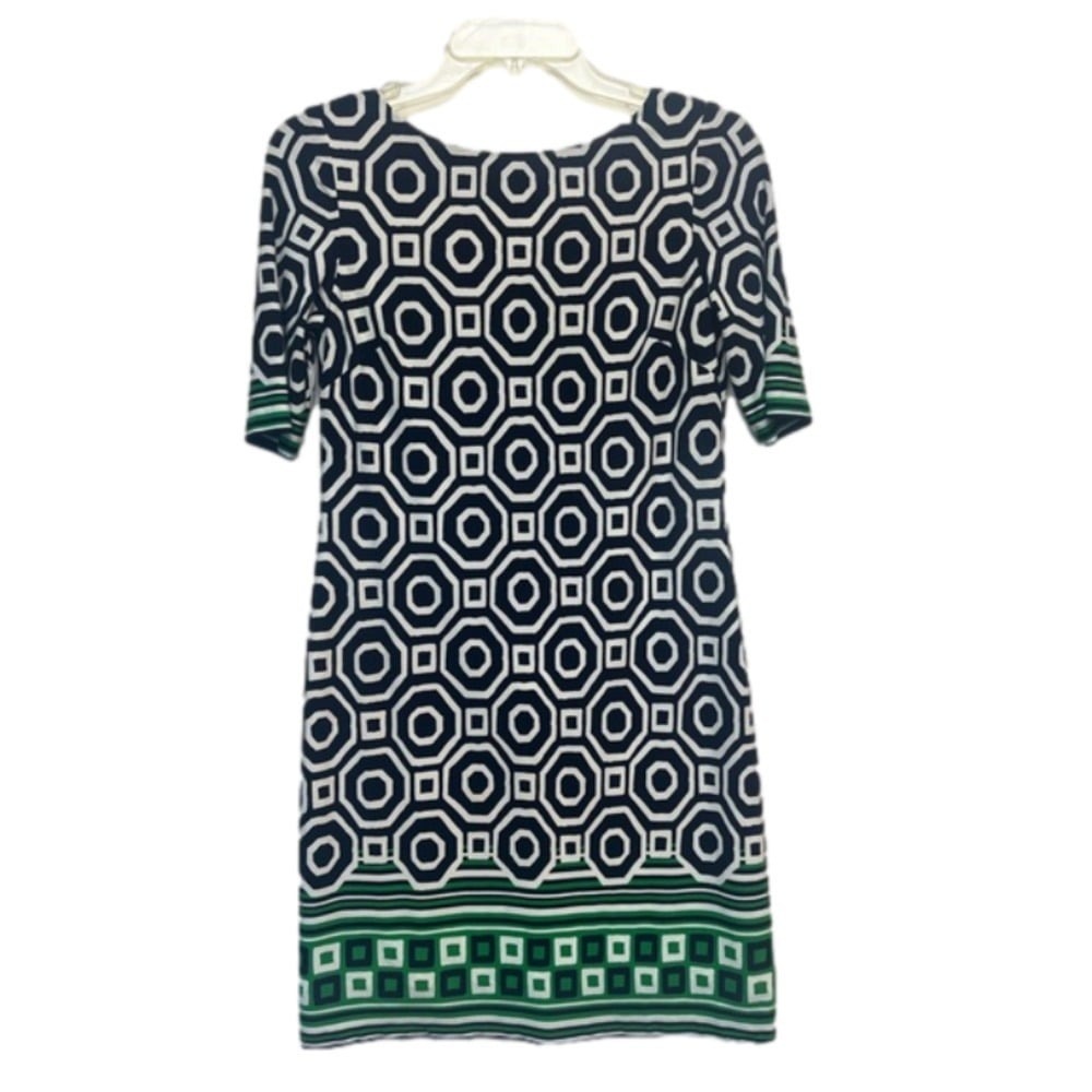Eliza J Shift Geometric Dress Womens Size 2P A-line Blue Green Slimming Feminine